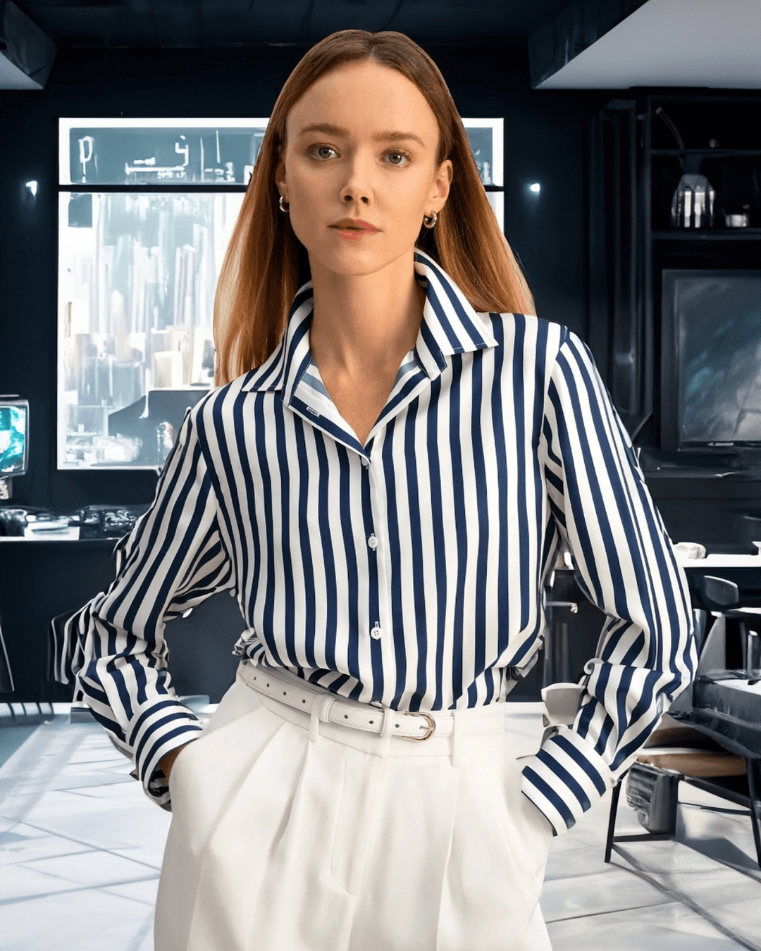 Classic Stripes with a Modern Twist - printed silk twill, bold stripes and wrinkle-resistant. A timeless piece that blends sophistication and comfort.